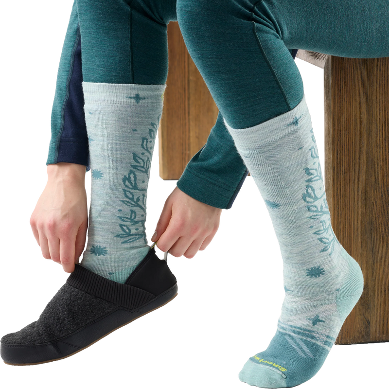 Women's Ski Full Cushion Ice Blossom OTC Socks, Smartwool Women's Ski Full Cushion Ice Blossom OTC Socks on model sitting