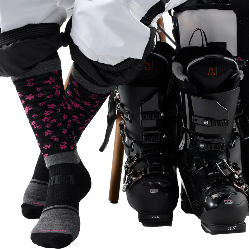 Women's Snowboard Targeted Cushion Wild Blossom OTC Socks, Smartwool Women's Snowboard Targeted Cushion Wild Blossom OTC Socks on model sitting