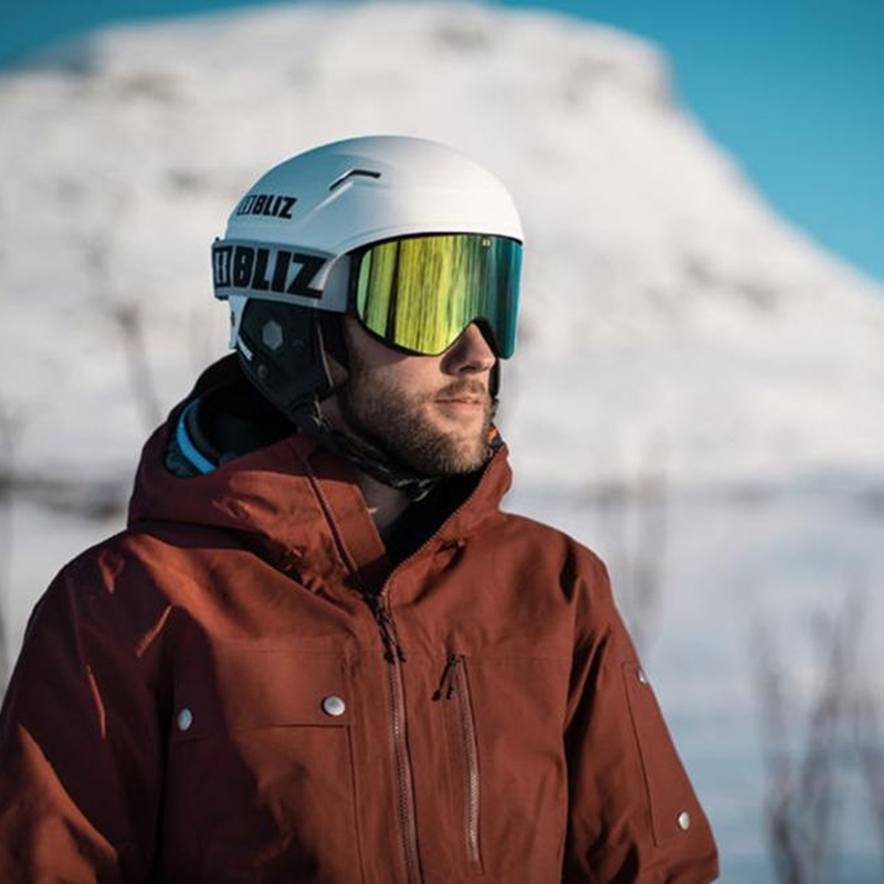 Bliz goggle on rider with snowy mountain in background