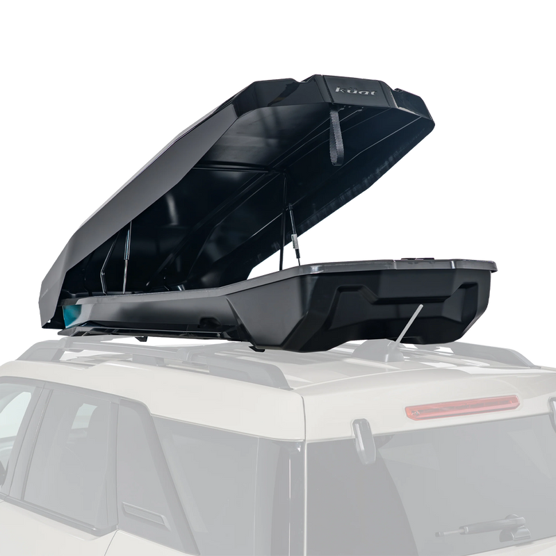 Kuat Varial XL Rooftop Cargo Box rear 3/4 view close up box open