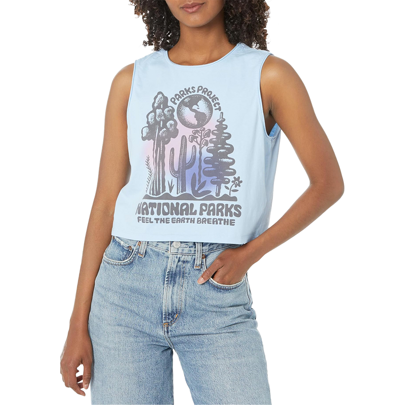 Women's Feel the Earth Breathe Stamped Tank, Parks Project Women's Feel the Earth Breathe Stamped Tank Light Blue on model front