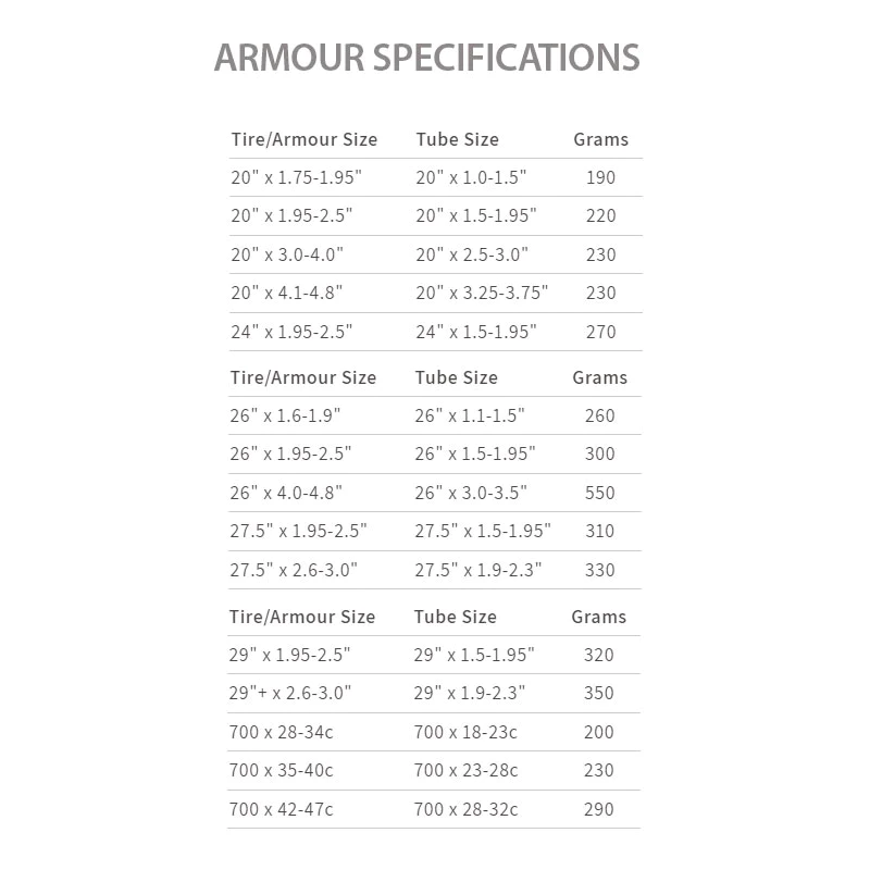 Armour Tire Insert 26 x 4.0-4.80 Single, Tannus Armour Tire Insert 26 x 4.0-4.80 Single size chart