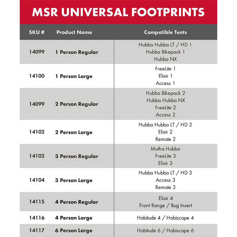 Universal 2 Person Regular Footprint, MSR Universal Footprint size chart