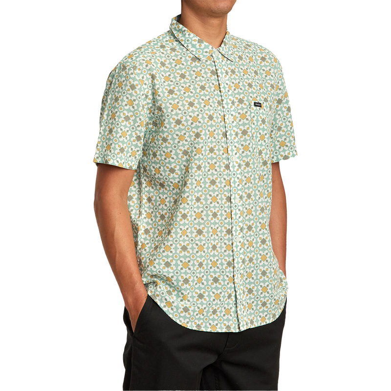 Men's Vacationist Short Sleeve, RVCA Men's Vacationist Short Sleeve GHZ-Green Haze on model