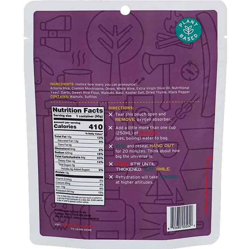 Vegan 5-Day Emergency Food Kit, Good To-Go Herbed Mushroom Risotto back of package
