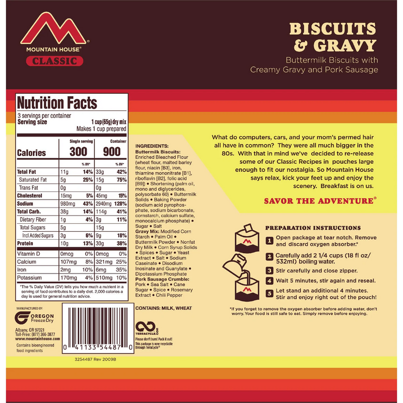 Biscuits and Gravy (3 Servings), Mountain House Biscuits and Gravy (3 Servings) back of package
