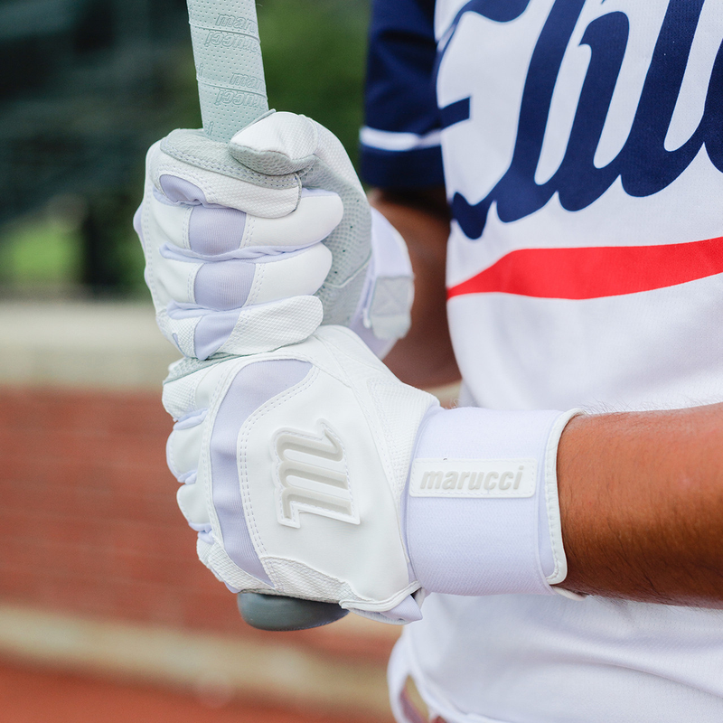 Signature Full Wrap Batting Gloves, Marucci Sports Signature Full Wrap Batting Gloves White/White on model