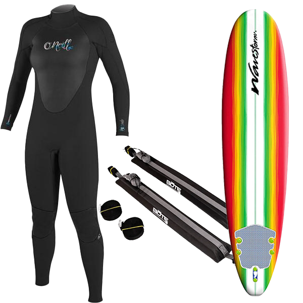 Women's Wetsuit, Surfboard, and Rack Package, Featured Image