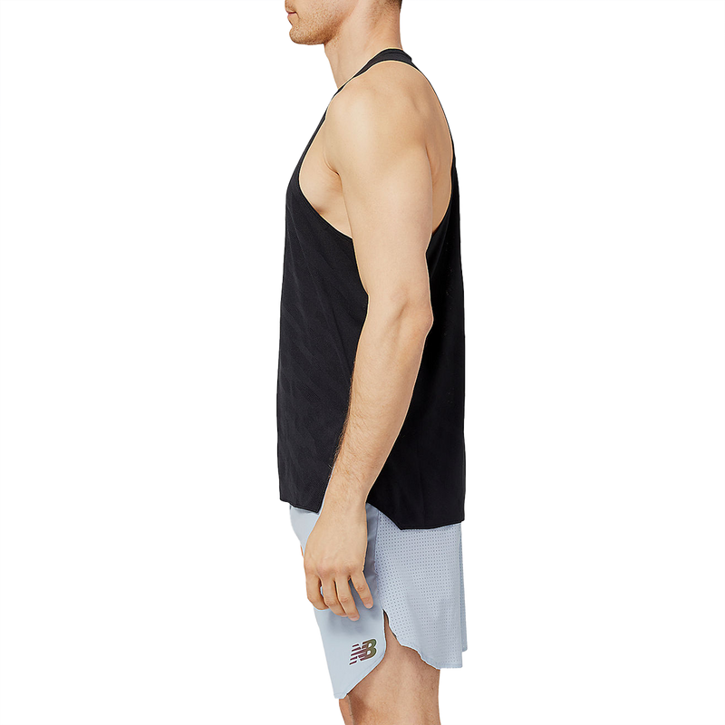 Men's Q Speed Jacquard Singlet, New Balance Men's Q Speed Jacquard Singlet BK-Black on model left profile